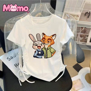 Áo thun ngắn tay in họa tiết thêu giả Zootopia dành cho bé gái với thiết kế dây rút