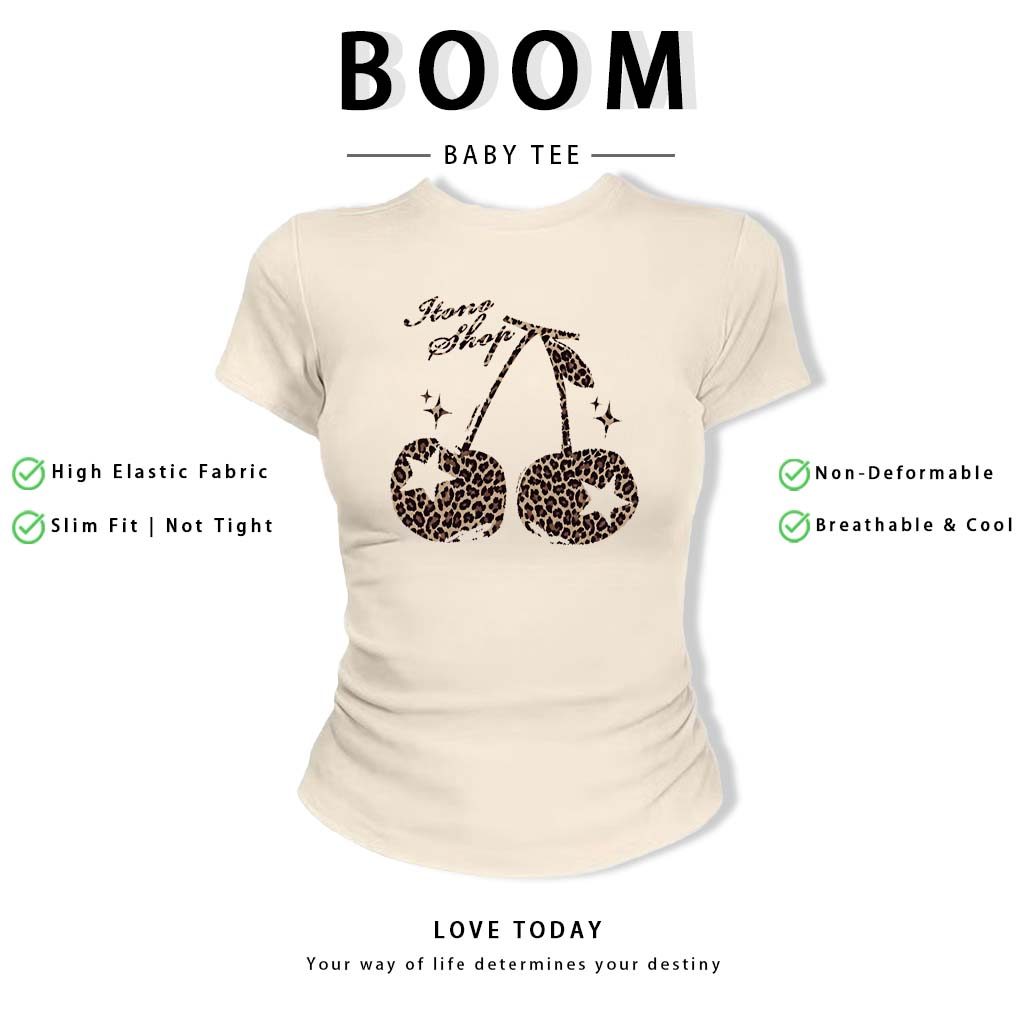 BOOM Áo Baby Tee Nữ Cotton Ôm Body-Áo Thun Ngắn Tay Y2K In Hình PhongCách Mùa Hè, Cổ Tròn Hàng Đầucách hàn quốc phongQ48