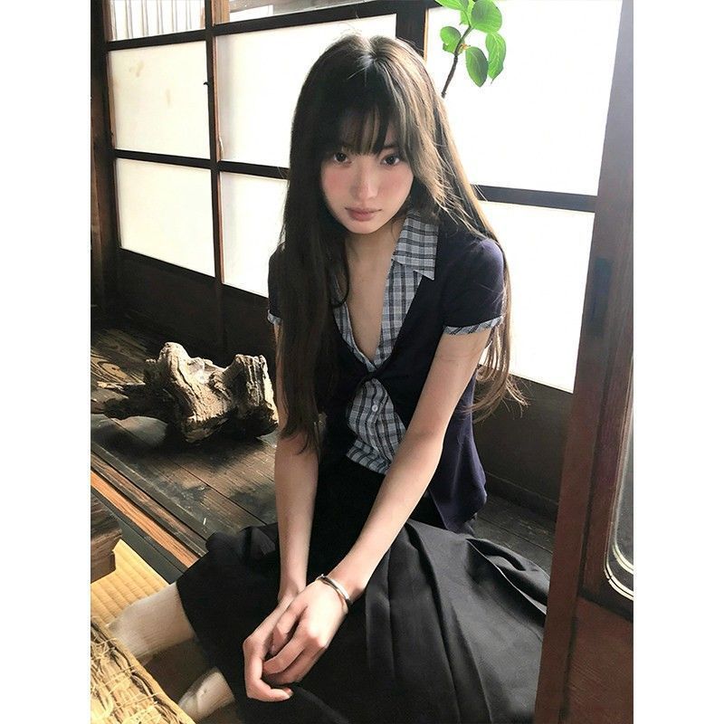 Preppy Phong Cách Giả Hai Mảnh Áo Sơ Mi Tay Ngắn Nữ Mùa Hè Tương Phản Màu Khâu Kẻ Sọc Trang Trọng Áo Sơ Mi Vai Slim @ -