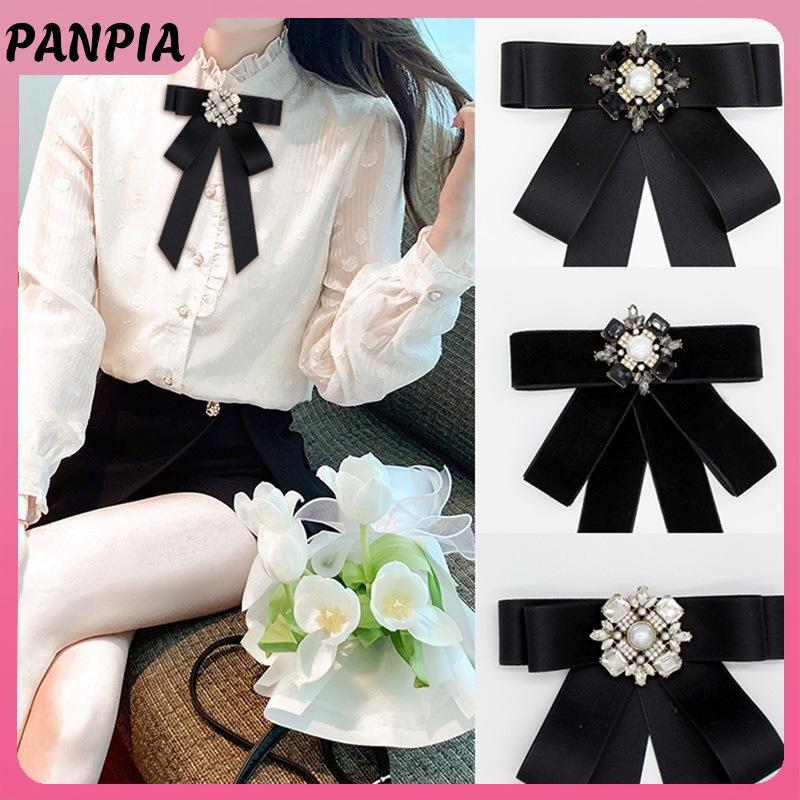 PNPIA- Vải Đen Nơ Thổ Cẩm Dành Cho Nữ Phong Cách Đại Học Cổ Hoa Ve Áo Chân Pha Lê Cà Vạt Trang Sức Thời Trang Quà Tặng