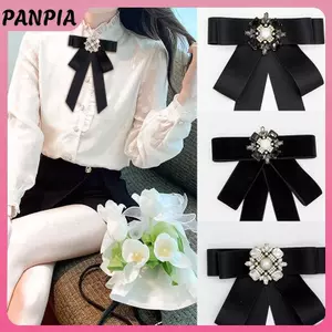 PNPIA- Vải Đen Nơ Thổ Cẩm Dành Cho Nữ Phong Cách Đại Học Cổ Hoa Ve Áo Chân Pha Lê Cà Vạt Trang Sức Thời Trang Quà Tặng