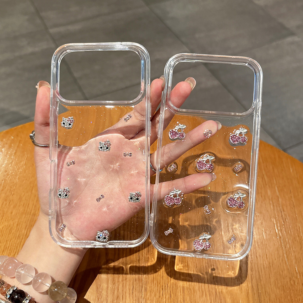 Ốp Điện Thoại Nhựa Cherry Cat 3D Kim Cương Cho iPhone 17 Pro Max 17 Air 16 Plus 15 14 13 12 11 Vỏ Bảo Vệ Chống Sốc