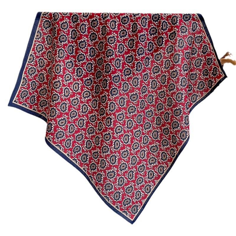Khăn Lụa Vuông Nhỏ 70cm, Cotton-Lanh, Màu Đỏ Họa Tiết Hạt Điều - Nam/Nữ