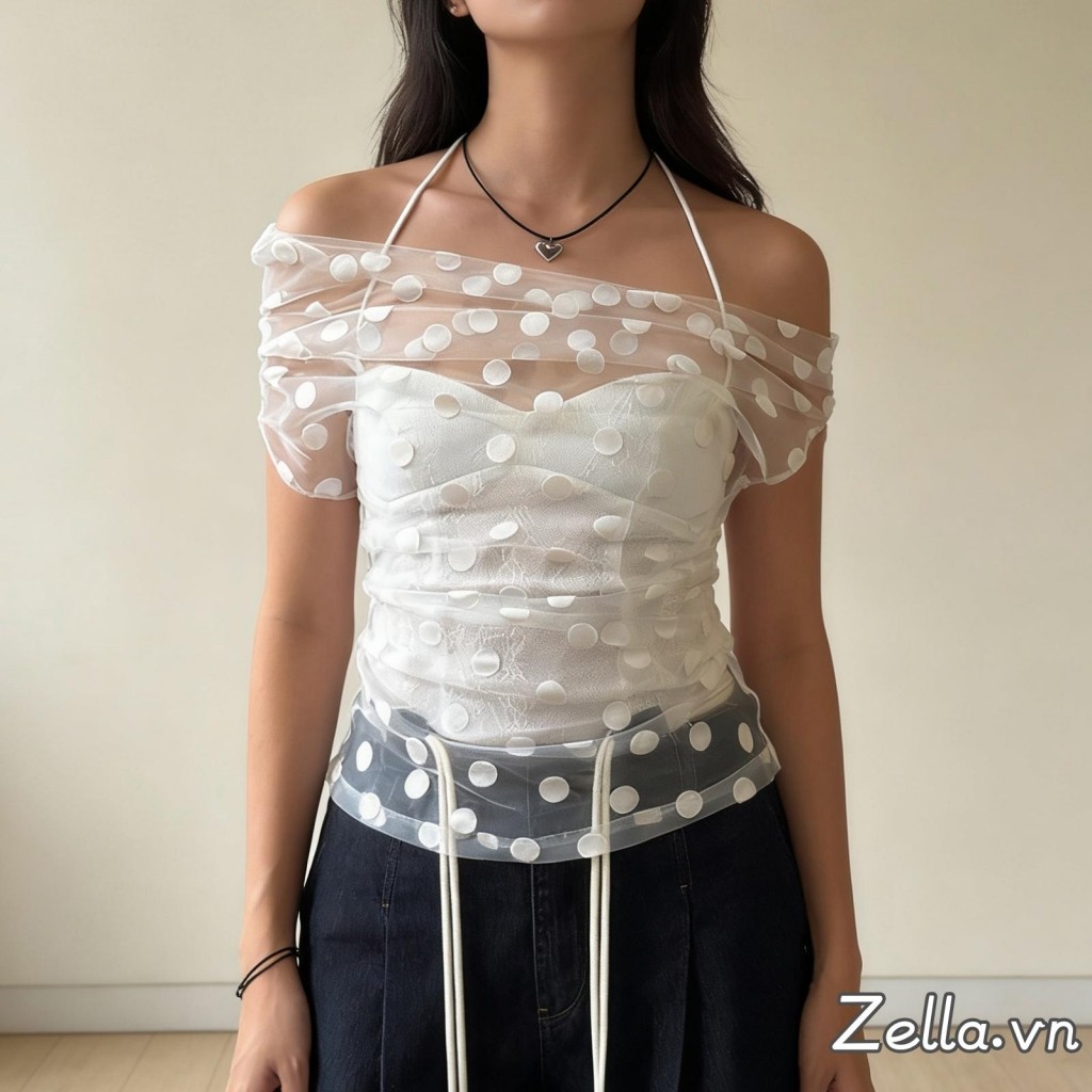 Áo thun lệch vai nữ, kiểu slim fit sành điệu, chất liệu sheer và họa tiết chấm bi (Không bao gồm lót)
