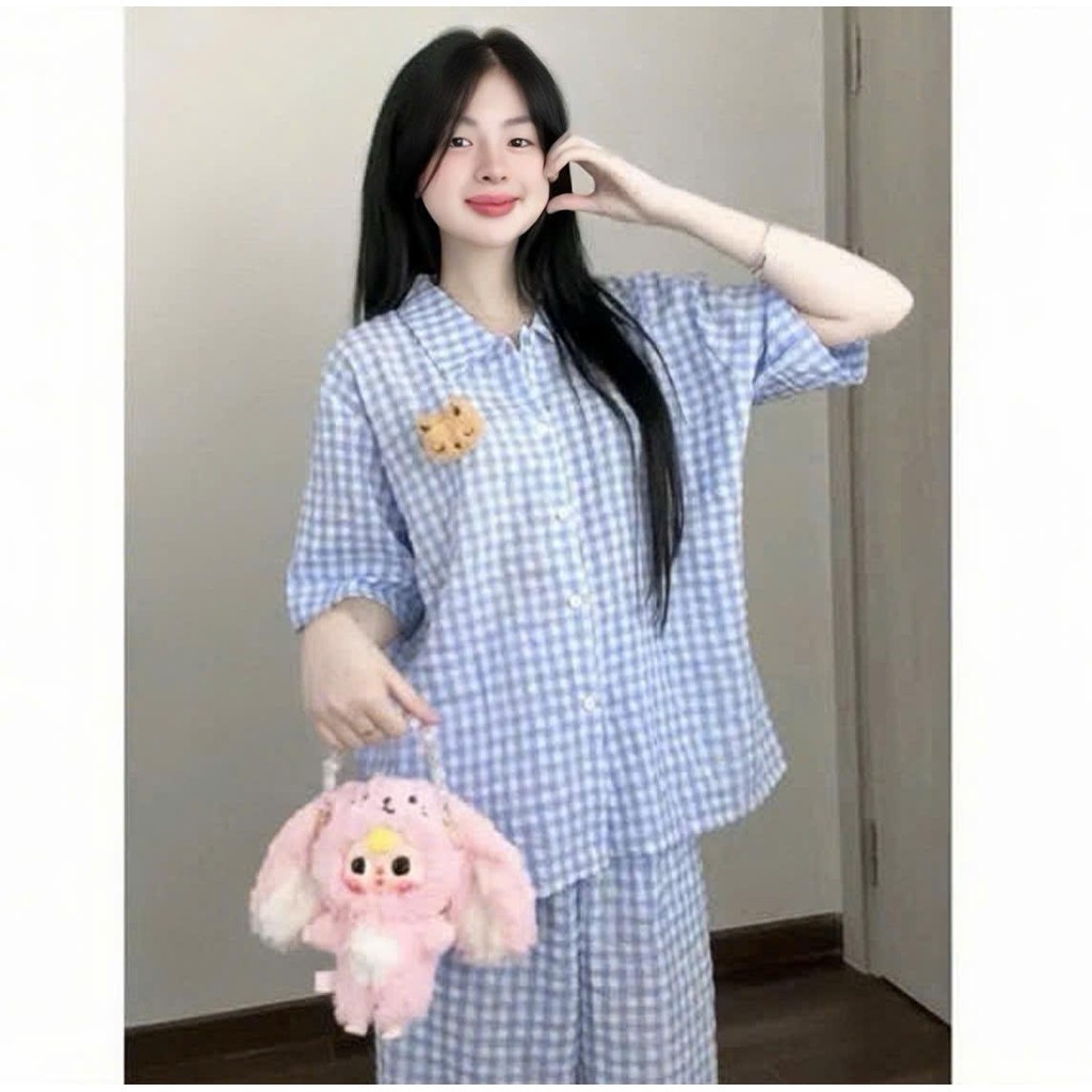Set Pijama Nữ Caro Cotton Mềm Mát (Tặng Charm Freesize) 45-90kg PJ010 | EmxinhBigsize