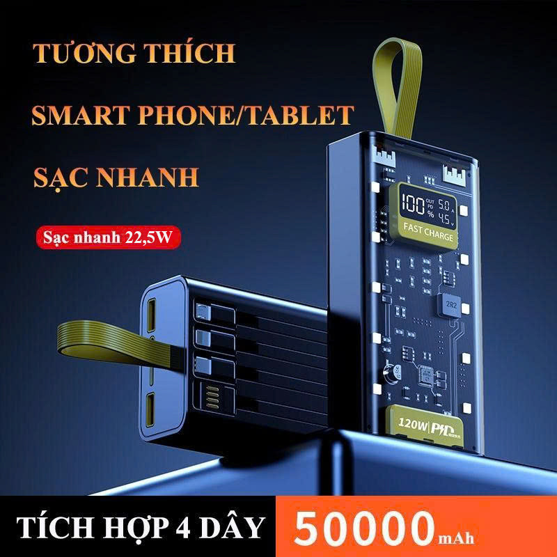 Sạc Dự Phòng 50000mAh Sạc Nhanh PD22,5W Trong Suốt Tích Hợp 4 Dây Sạc Tiện Lợi Đèn LED Chiếu Sáng