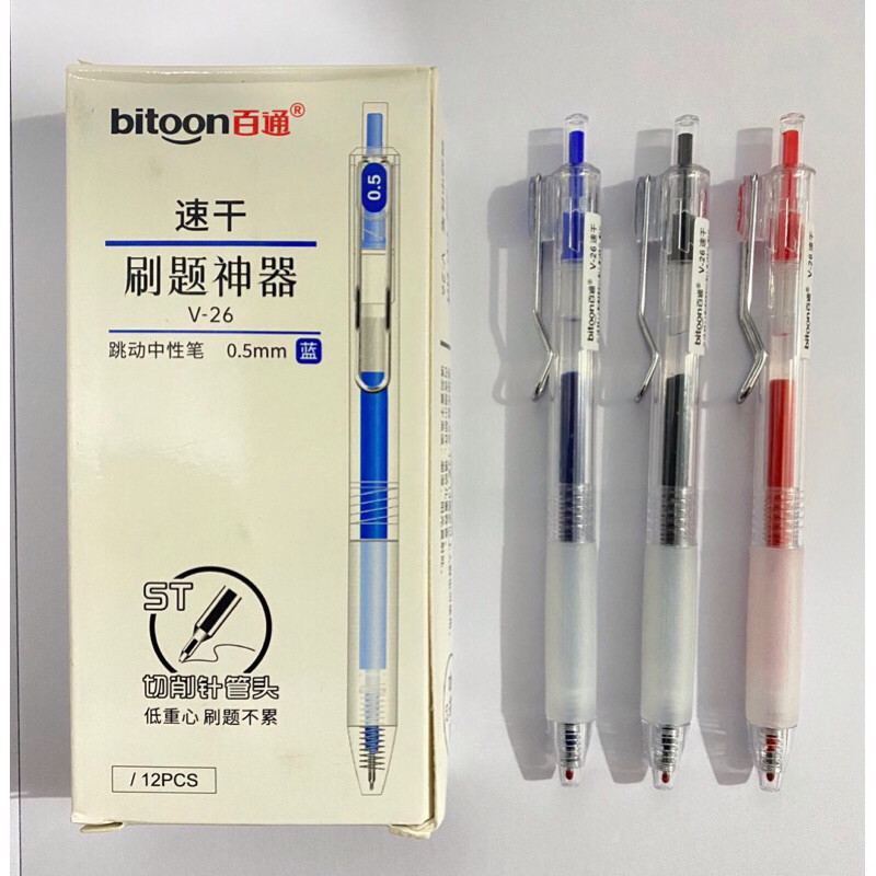 Bút gel bi bấm cao cấp ngòi 0.5mm BITOON V26 xanh, đen, đỏ