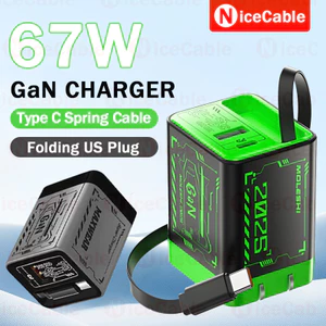 67W Mech Wind GaN Sạc Cổng Kép USB + PD Sạc Nhanh Với Cáp Lò Xo Loại C Thiết Kế Gấp US Cắm Tường Sạc Adapter Cho Điện Thoại / Máy Tính Bảng / Laptop