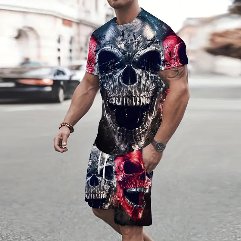 Bộ áo thun và quần short thể thao in hình đầu lâu 3D dành cho nam mùa hè