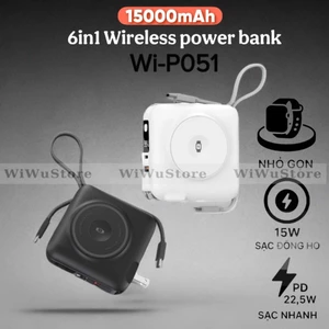 Pin Dự Phòng 15000mAh WIWU 6in1 Wi-P051 Kiêm Củ Sạc Nhanh 45W - Sẵn Cáp, Sạc Không Dây Watch iPhone