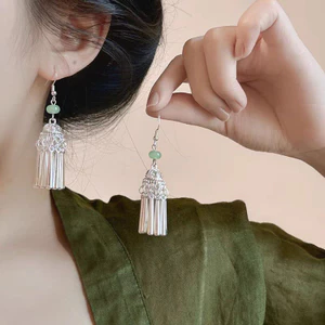 Bông tai giả mía bạc tua rua phong cách Trung Hoa retro, phù hợp với style dân tộc đơn giản