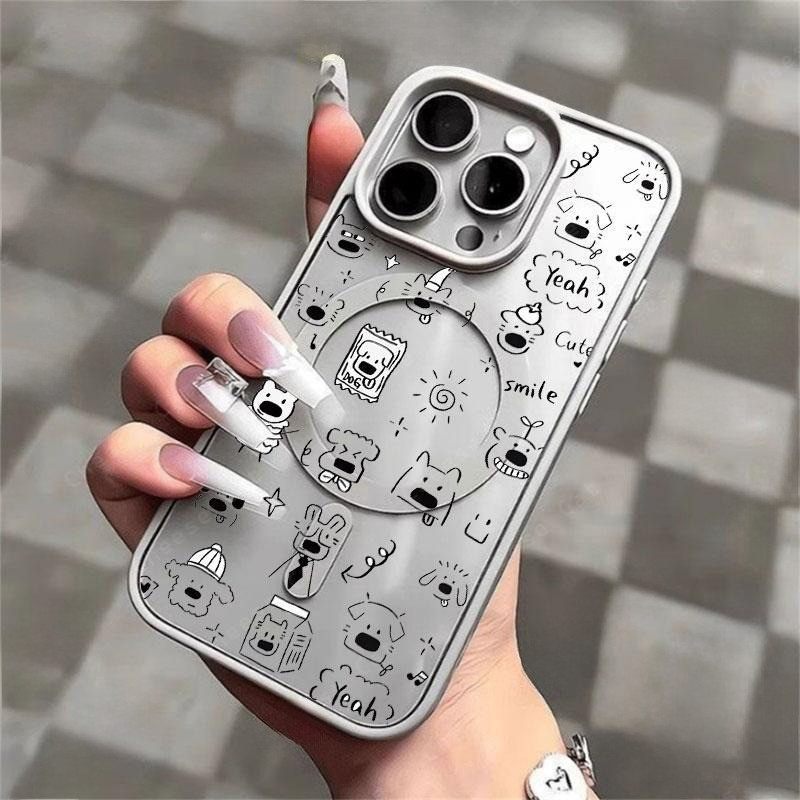 Dòng chó con lấp đầy màn hình Ốp điện thoại từ tính cho iPhone 11 12 13 14 15 16 17 Pro Max 7 Plus XR Xs Màu xám cao cấp