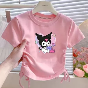 Áo thun cổ tròn ngắn tay in hình hoạt hình Kuromi dành cho bé gái có thiết kế dây rút