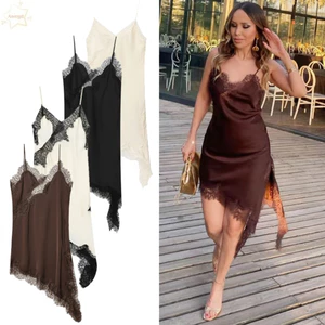 Đầm ren nữ satin cổ chữ V bất đối xứng thanh lịch, phù hợp cho các buổi tiệc