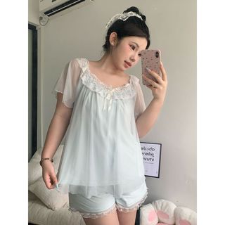 Bộ Đồ Ngủ Kích Thước Lớn Nữ Lưới Hai Lớp Xuân Thu Ánh Sáng Bộ Đồ Ngủ Sang Trọng Cổ Tích Phong Cách Công Chúa Ren Ngọt Ngào Homewear Nữ Pure Desire Có Thể Mặc Bên Ngoài Pyja