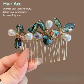 Mới! Lược phụ kiện tóc cô dâu màu xanh kim cương giả ngọc trai, phong cách Trung Quốc