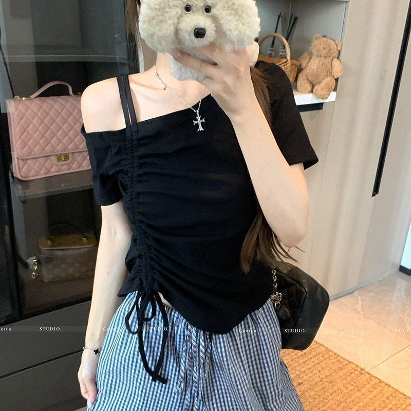 Dây rút tay ngắn mùa hè 2025, phong cách lệch vai trendy