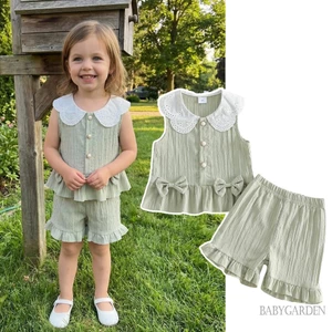 2-7 Tuổi Trẻ Em Bé Gái Mùa Hè Bộ Ren Thêu Búp Bê Cổ Nơ Xe Tăng Áo Xù Quần Short Trang Phục