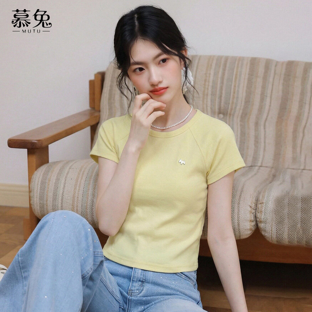 Mutu Áo Sơ Mi Vàng Ngọt Ngào Vai Ngắn Cho Nữ, Slim-Fit Ôm Body, Thích Hợp Mùa Hè