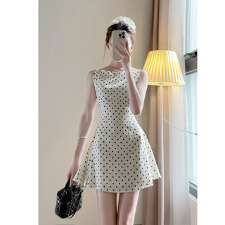Váy cổ thuyền họa tiết chấm bi dáng xòe chất chéo hàn quốc, Váy Cổ Thuyền Chấm Bi Tiểu Thư