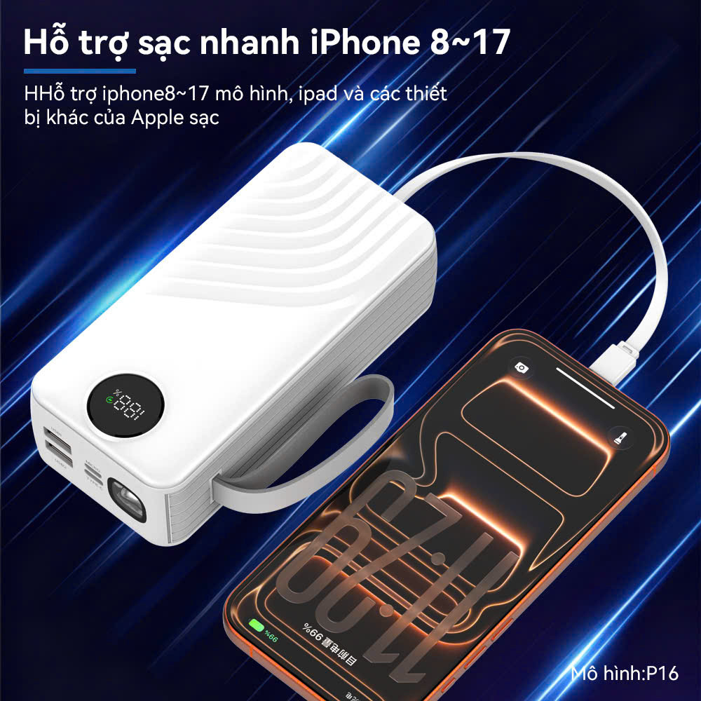 Pin Sạc Dự Phòng 50000mAh Sạc Nhanh 4 Dây Cáp Tích Hợp Chứng Nhận 3C Màn Hình LED Hiển Thị Đèn Pin Chiếu Sáng