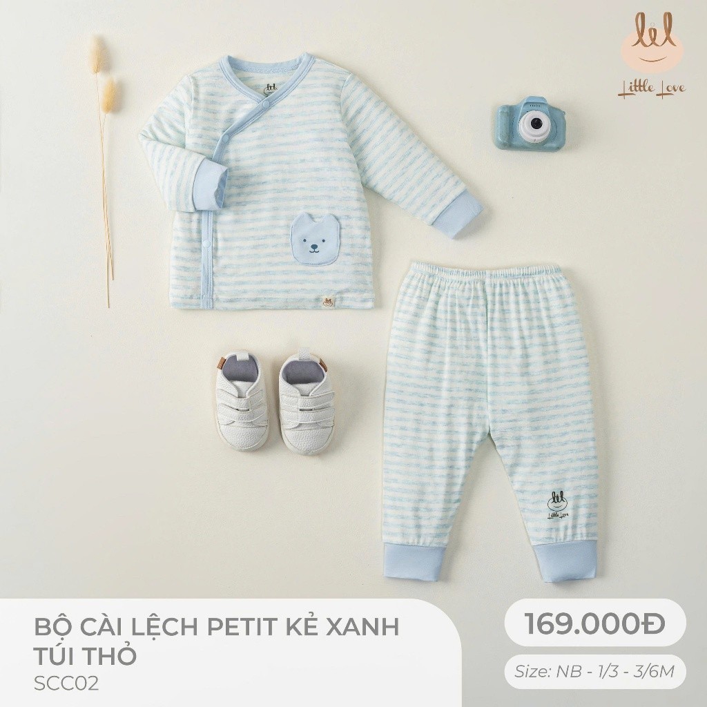 Bộ cài lệch dài tay mỏng vải petit mềm, mỏng, thấm hút tốt kẻ xanh túi thỏ dành cho bé lil Little Love (SCC02)