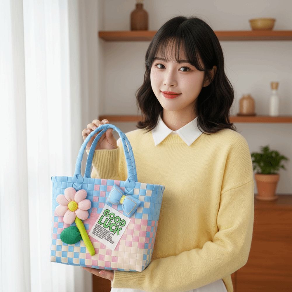 HOBBYIN Túi đi biển HOBBYIN, Túi xách dệt bằng nhựa trang trí hoa, Túi đeo chéo nhẹ đa năng màu Dopamine dung tích lớn cho bãi biển mùa hè