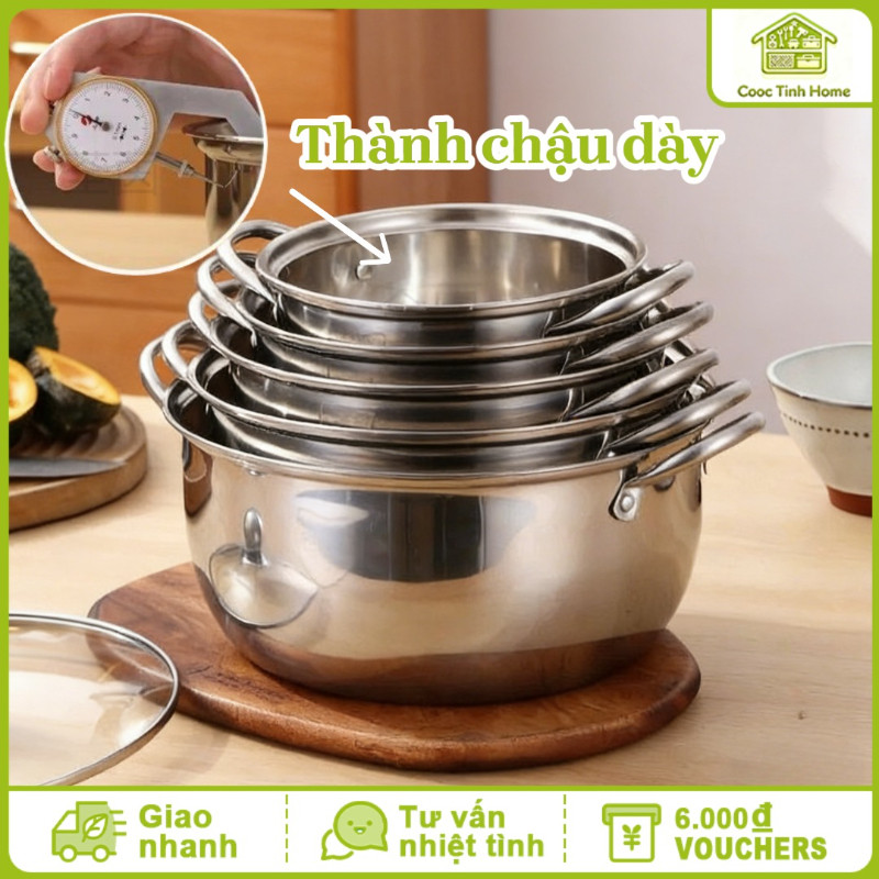 Nồi Inox 304 Đa Năng 3 Đáy Dùng Được Bếp Từ An Toàn Sức Khỏe Kích Thước 18cm 20cm 24cm Nắp Kính