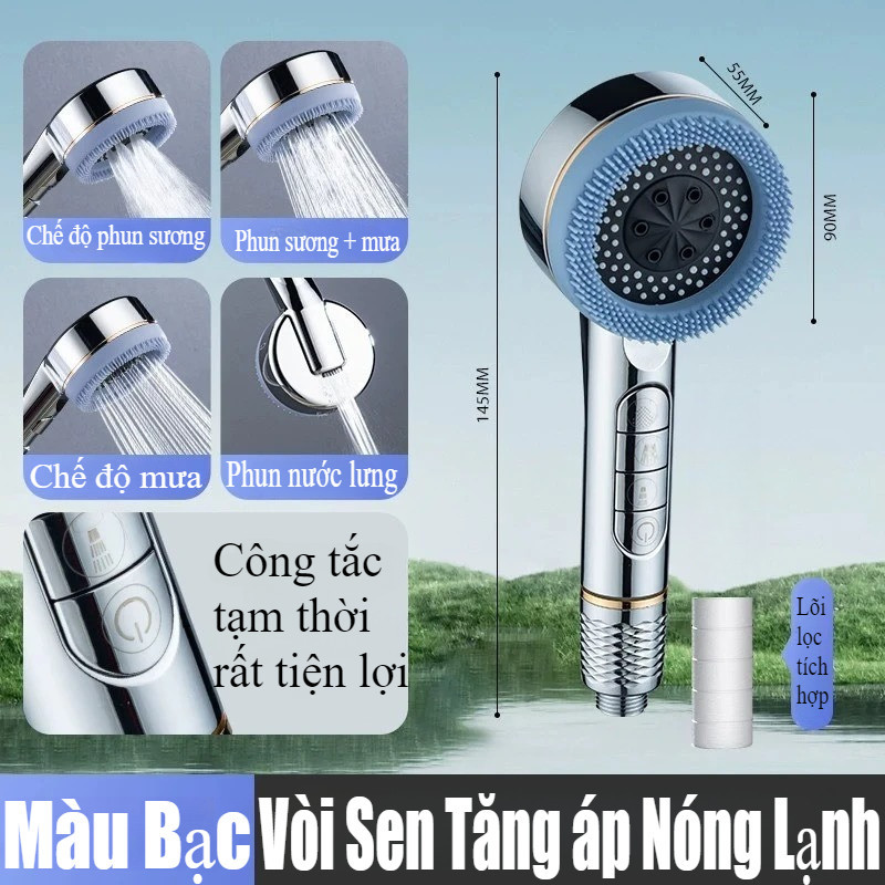 Vòi Sen Nóng Lạnh Tăng Áp 4 Chế Độ, Đầu Silicon Massage, Bộ Lọc Tạp Chất, Nhấn Nút Chuyển Đổi
