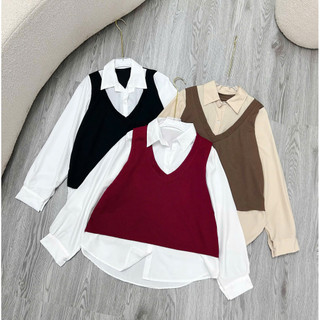 Set Sơ Mi Bigsize Nữ Áo Sơ Mi Kiểu Gile Công Sở Phối Quần Đùi Lưng Chun Cho Chubby 50-95kg SET944
