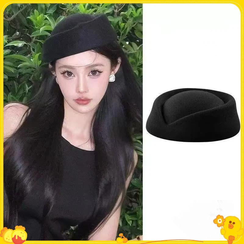 [Gengli] Mũ nồi Mũ hãng hàng không Tiếp viên hàng không Mũ cổ điển Mũ phẳng màu đen Phụ kiện tóc