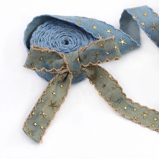 EBINLANDS 1 yard 38MM Ruy băng vải denim, Ruy băng ngôi sao vàng rộng 38MM, DIY Ngôi sao vàng đóng dấu họa tiết ruy băng đóng dấu Quần áo may