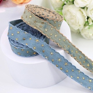 EBINLANDS 1 yard 38MM Ruy băng vải denim, Ruy băng ngôi sao vàng rộng 38MM, DIY Ngôi sao vàng đóng dấu họa tiết ruy băng đóng dấu Quần áo may