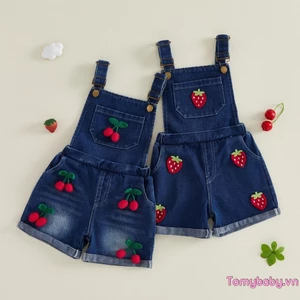 Quần yếm Denim cho bé gái mới biết đi Áo liền quần không tay dâu tây có dây đeo vai có thể điều chỉnh