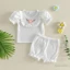 Bé Gái Mùa Hè Bộ 3D Móc Hoa Tay Ngắn Áo Thun Và Co Giãn Ruffles Quần Short Quần Áo Dễ Thương Màu Trắng