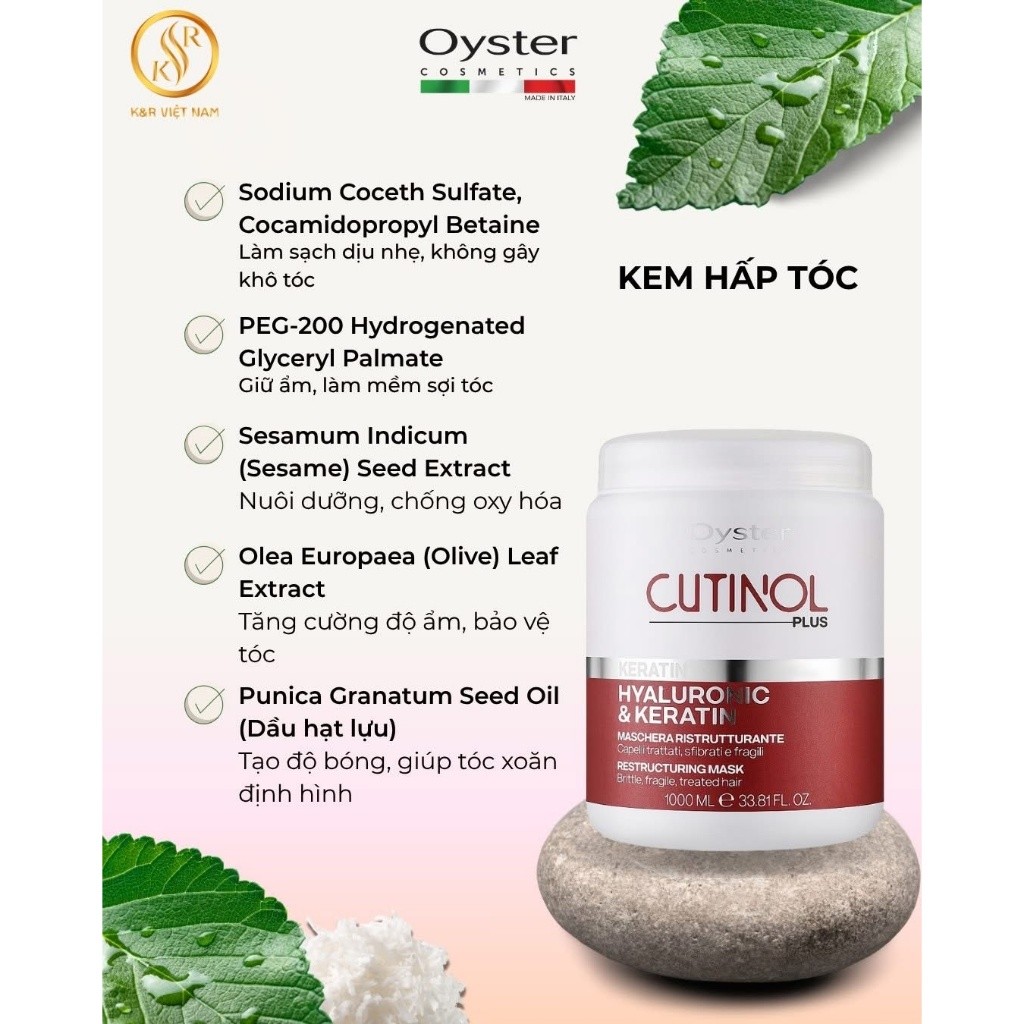 Kem Ủ Tóc OYSTER Cutinol Plus Hyaluronic & Keratin 1000ML Chính Hãng | Phục Hồi Cấu Trúc Tóc Hư Tổn