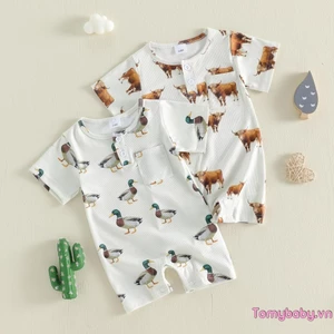 Bộ áo liền quần ngắn tay cổ tròn in hình động vật mùa hè cho bé Boya
