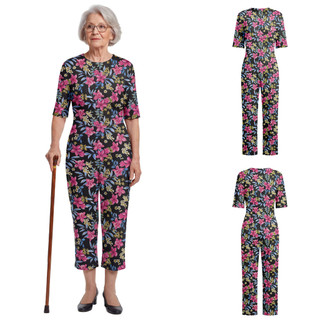 Yhong Phụ Nữ Người Cao Tuổi Điều Dưỡng In Hoa Jumpsuit Tay Ngắn Lưng Dây Kéo Lounging-phong Cách Chống Dải Áo Liền Quần Thích Ứng Cho Bệnh Alzheimer Nhu Cầu Đặc Biệt