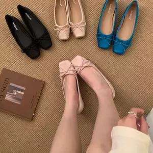 TT Giày Đơn Nữ Mùa Xuân Hè Phong Cách Mới Nơ Mũi Vuông Giày Đậu Hà Lan Đế Mềm Ba Lê Muỗng Giày