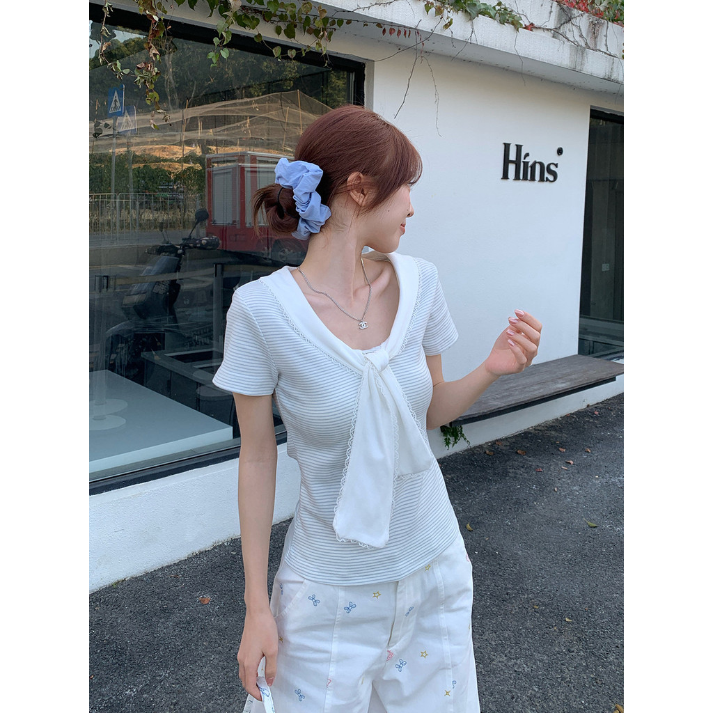 SUXI Áo thun ngắn tay sọc nhẹ nhàng dành cho nữ mùa hè mới 260408