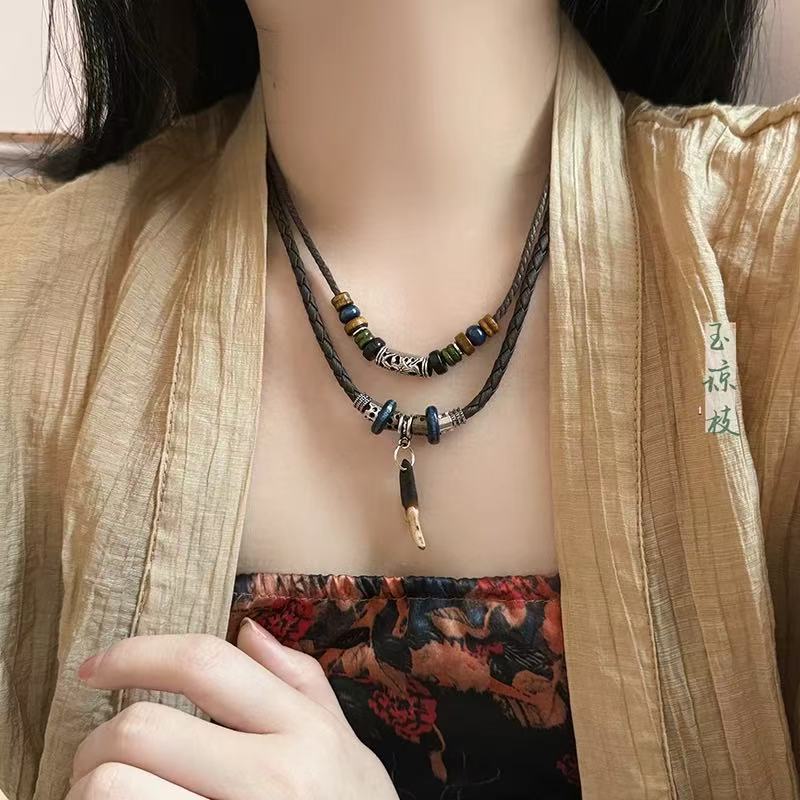 Retro Đôi Dây Da Hạt Gỗ Vòng Cổ Dài Phong Cách Dân Tộc Đau Khổ Đồng Mặt Dây Chuyền Áo Len Dây Chuyền Bohemian Kỳ Nghỉ Xếp Chồng Phụ Kiện