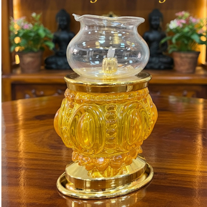 Đèn Dầu Thủy Tinh Họa Tiết Vân/Sen Đa Sắc Đế Vàng Cao Cấp - Đèn Thờ Cúng Phật, Gia Tiên, Thần Tài [ Đèn 054 ]