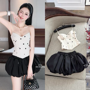 Set hai dây chấm bi vạt nhọn mix chân bí bồng sang chảnh liền Quần lót BYJOLIE