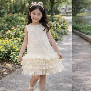 Váy bé gái Hàn Quốc ren hoa màu kem chân tầng bồng xòe14-30kg, đầm công chúa bé gái đi tiệc sinh nhật cho bé 2–7 tuổi