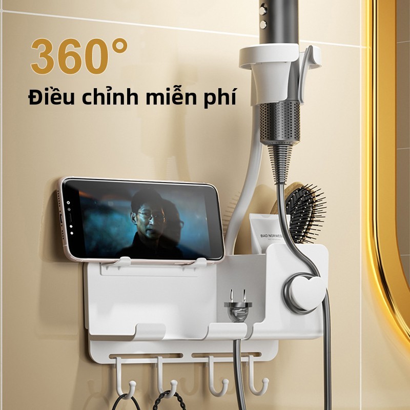 Giá Treo Máy Sấy Tóc Không Khoan,Keo Dán Mạnh,giá treo máy sấy lắp đặt dán tường,Có móc treo, để đồ lặt vặt