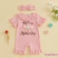 Bộ áo liền quần cổ tròn tay ngắn in chữ cho bé gái có băng đô