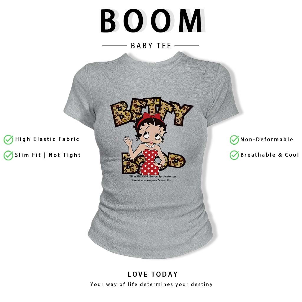 BOOM Áo Baby Tee Nữ Cotton Ôm Body-Áo Thun Ngắn Tay Y2K In Hình PhongCách Mùa Hè, Cổ Tròn Hàng Đầucách hàn quốc phongW31