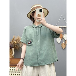 Áo sơ mi nữ cotton cao cấp, họa tiết hoạt hình mùa hè, túi thêu pony rời