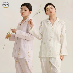 Phong cách Nhật Bản Phong cách Muji / Nữ Lily of the Valley Cotton nguyên chất Bộ đồ ngủ dài tay mỏng phong cách mỏng / Bộ đồ dài tay bằng sợi hai lớp họa tiết dễ thương / Bộ đồ mặc bên ngoài thoải mái ngọt ngào / Brea 100% cotton