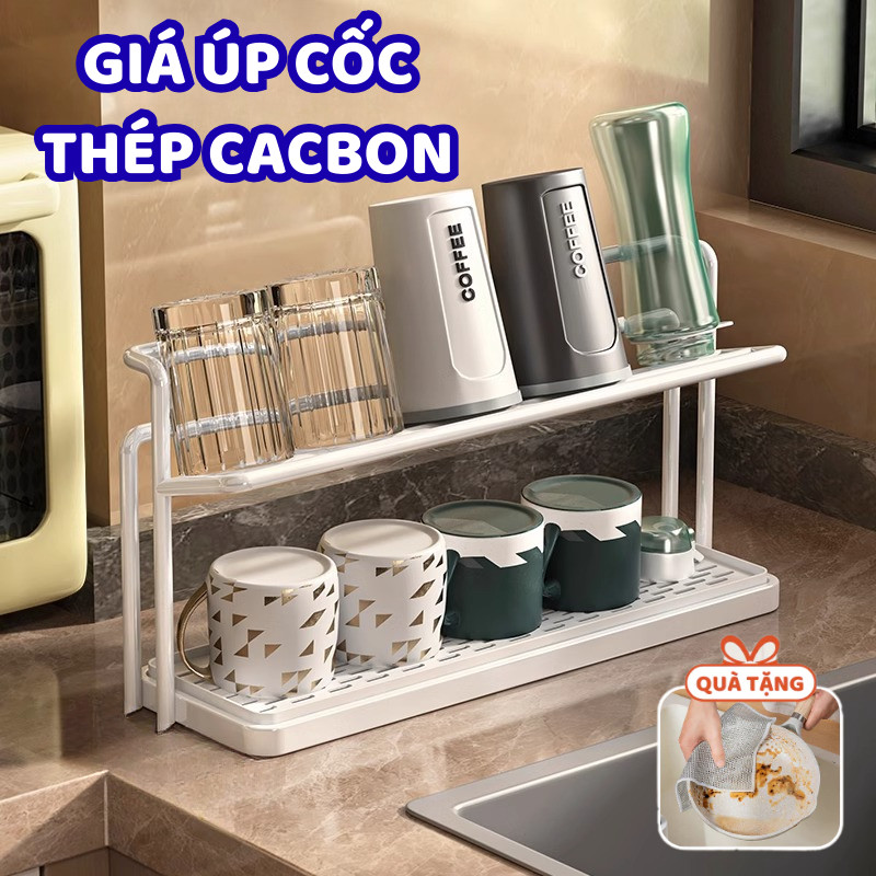 Kệ Để Ly Cốc 2 Tầng Cao Cấp Thép Carbon Chống Gỉ Khay Thoát Nước, Kệ Gia Vị Gọn Bếp